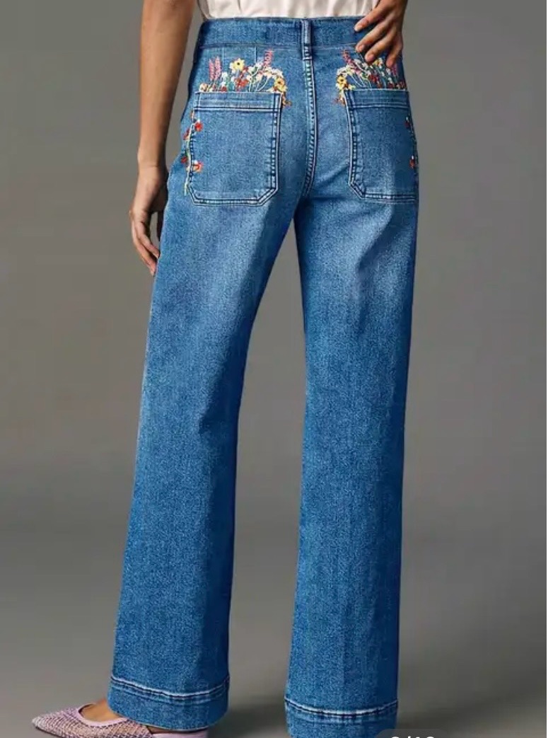 Nwt Flamingals Floral Embroidery Patched Pocket High Waist Straight Leg Jeans